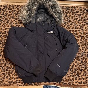 The North Face Black womens Hooded Puffer Jacket with Faux Fur Trim